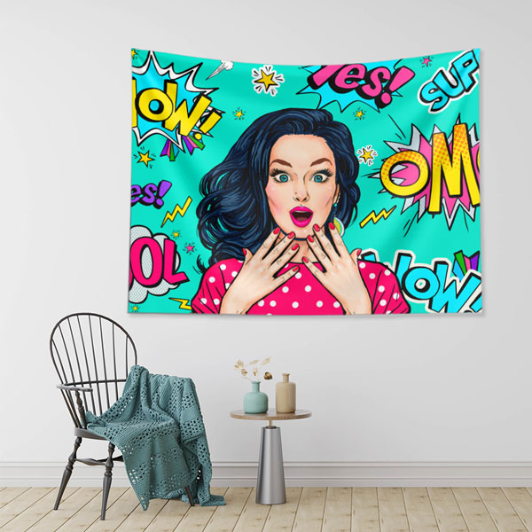 Pop Art OMG! Renkli Kadın İllüstrasyonlu Duvar Örtüsü 5737