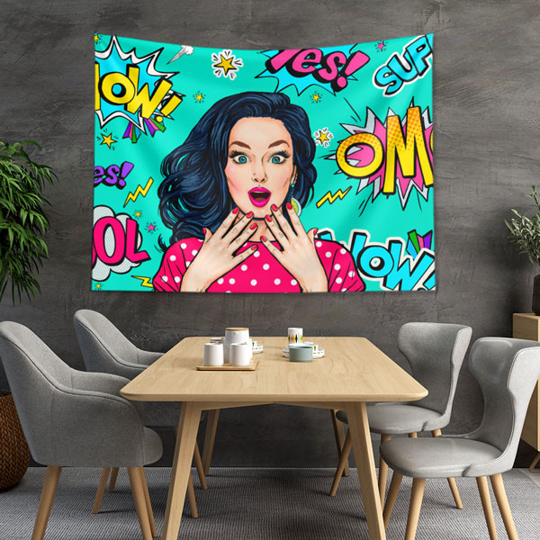 Pop Art OMG! Renkli Kadın İllüstrasyonlu Duvar Örtüsü 5737