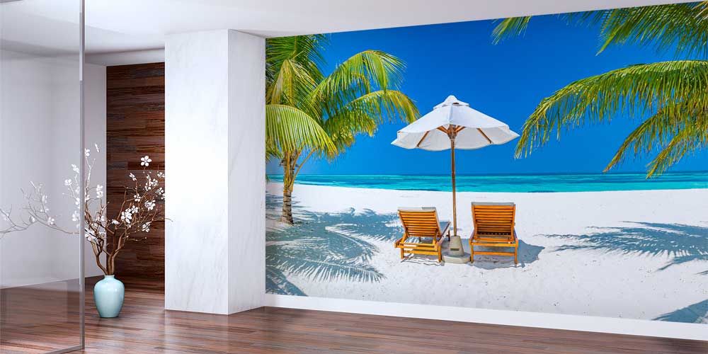 Tropikal Plaj Şezlong ve Şemsiye Duvar Kağıdı 12845