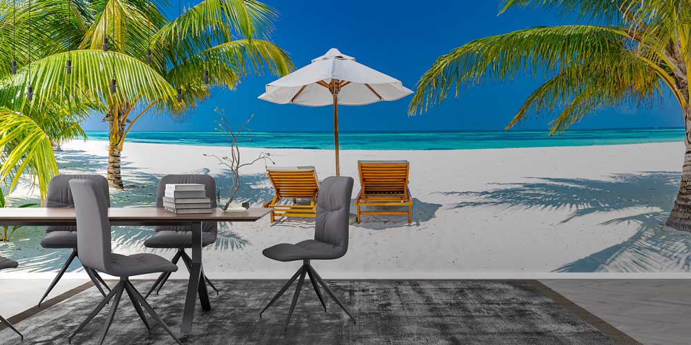 Tropikal Plaj Şezlong ve Şemsiye Duvar Kağıdı 12845