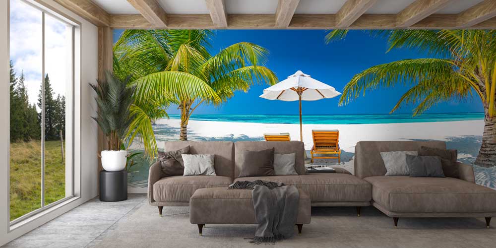 Tropikal Plaj Şezlong ve Şemsiye Duvar Kağıdı 12845