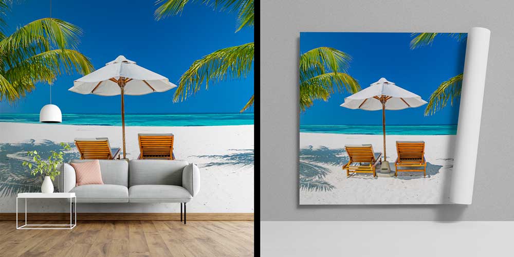 Tropikal Plaj Şezlong ve Şemsiye Duvar Kağıdı 12845