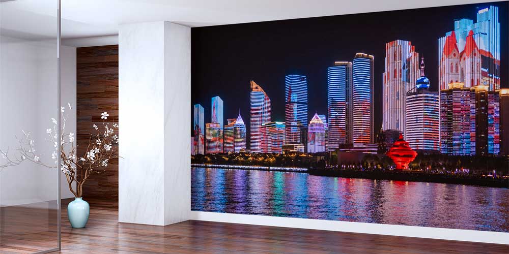 Işıklı Gece Şehir Silüeti Duvar Kaplaması 12859