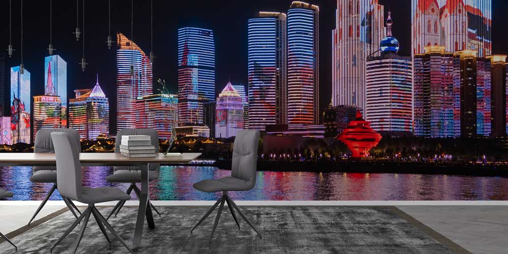 Işıklı Gece Şehir Silüeti Duvar Kaplaması 12859