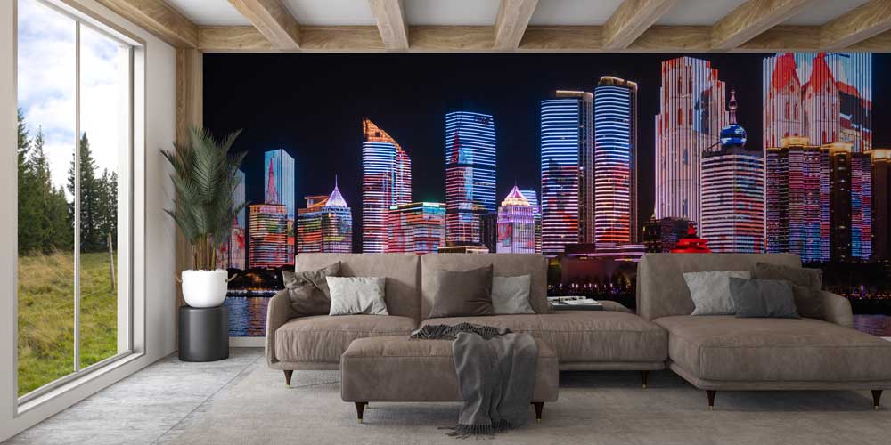 Işıklı Gece Şehir Silüeti Duvar Kaplaması 12859