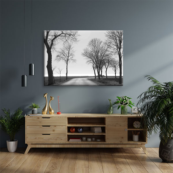 Siyah Beyaz Yol ve Ağaçlar Manzara Kanvas Tablo 2194