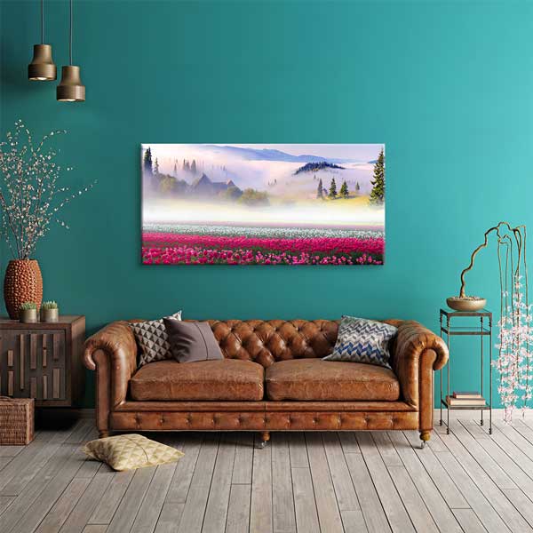 Sisli Dağlar ve Çiçek Tarlası Manzarası Kanvas Tablo – 13749