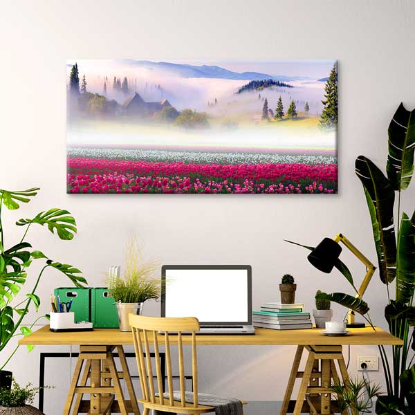 Sisli Dağlar ve Çiçek Tarlası Manzarası Kanvas Tablo – 13749