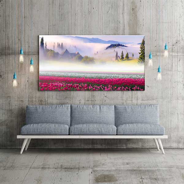 Sisli Dağlar ve Çiçek Tarlası Manzarası Kanvas Tablo – 13749