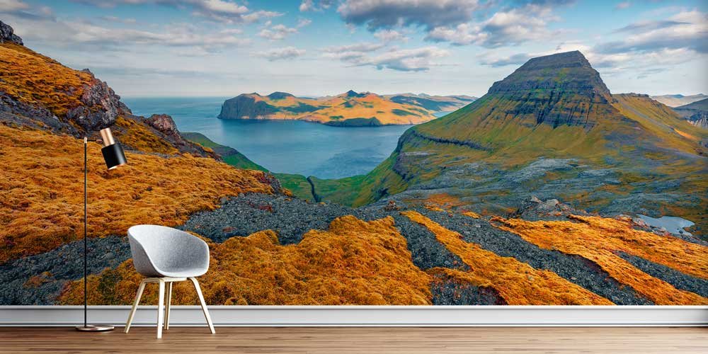wall-design-art-13140-00 Faroe Adaları Dağ ve Okyanus Manzarası Duvar Kağıdı 13140