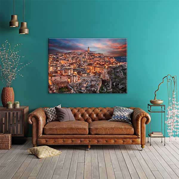 Tarihi Taş Şehir ve Gün Batımı Işıkları Manzarası Duvar Tablosu 13407