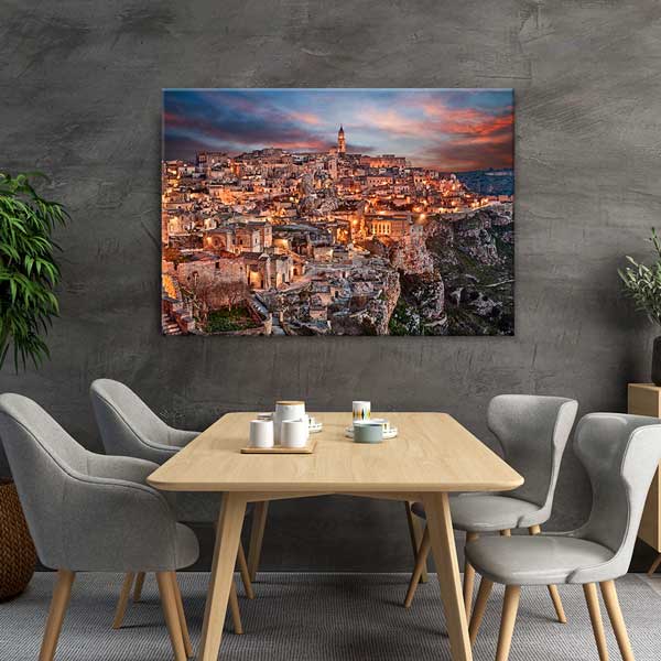 Tarihi Taş Şehir ve Gün Batımı Işıkları Manzarası Duvar Tablosu 13407