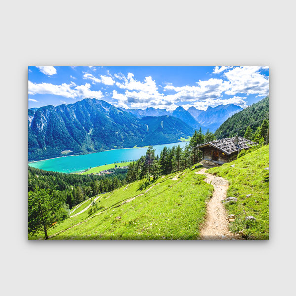 wall-design-art-13419-00 Dağ Evi ve Göl Manzaralı Doğa Kanvas Tablo 13419