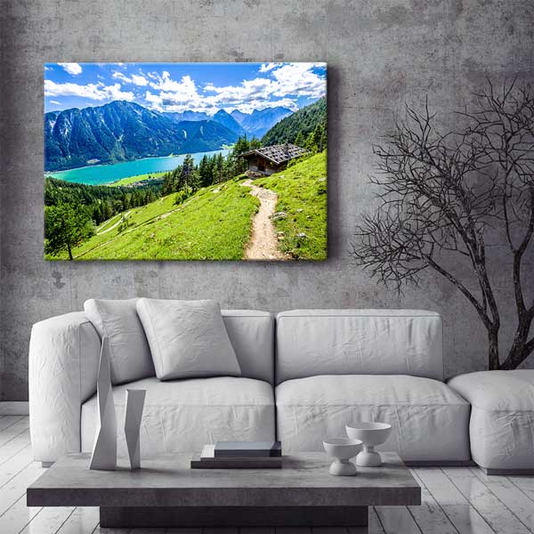 wall-design-art-13419-01 Dağ Evi ve Göl Manzaralı Doğa Kanvas Tablo 13419