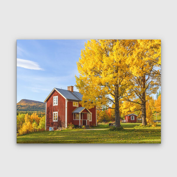 Sonbaharda Kırmızı Ev ve Sarı Ağaçlar Manzarası Kanvas Tablo 13420