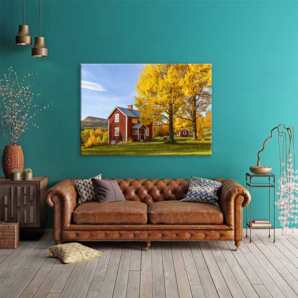 Sonbaharda Kırmızı Ev ve Sarı Ağaçlar Manzarası Kanvas Tablo 13420