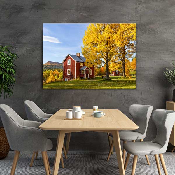 Sonbaharda Kırmızı Ev ve Sarı Ağaçlar Manzarası Kanvas Tablo 13420