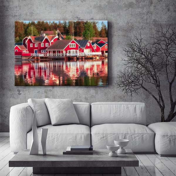 wall-design-art-13464-01 İskandinav Kırmızı Evler Gökyüzü ve Su Yansıması Kanvas Tablo 13464