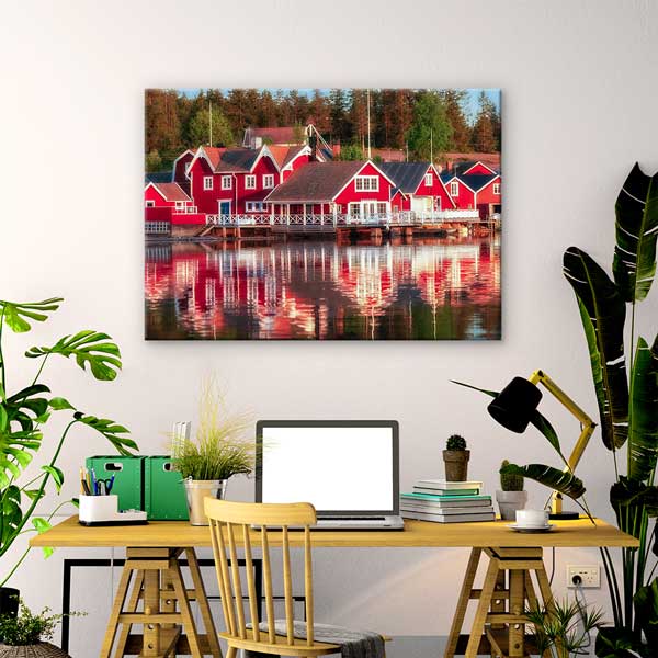 wall-design-art-13464-02 İskandinav Kırmızı Evler Gökyüzü ve Su Yansıması Kanvas Tablo 13464