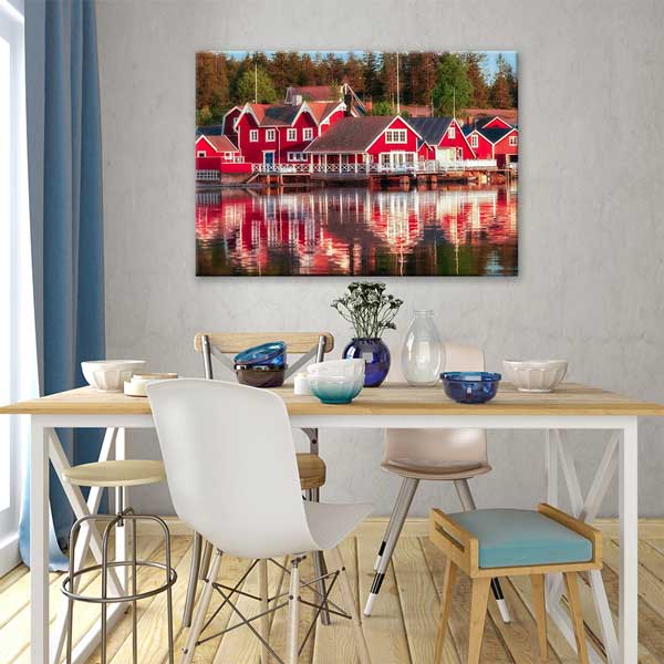wall-design-art-13464-03 İskandinav Kırmızı Evler Gökyüzü ve Su Yansıması Kanvas Tablo 13464