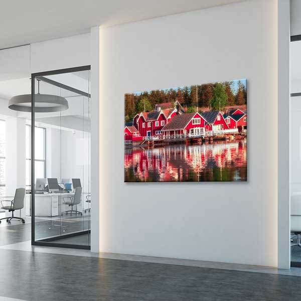wall-design-art-13464-04 İskandinav Kırmızı Evler Gökyüzü ve Su Yansıması Kanvas Tablo 13464