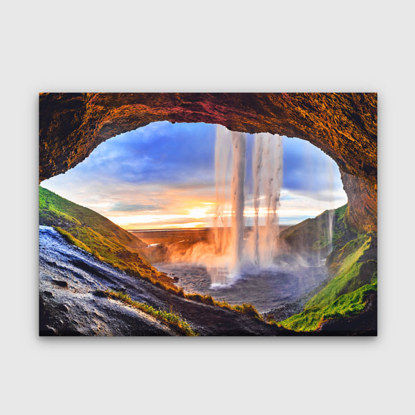 Mağara İçinden Şelale ve Gün Batımı Manzarası Kanvas Tablo 13471