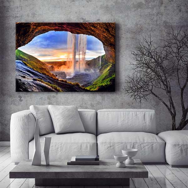 Mağara İçinden Şelale ve Gün Batımı Manzarası Kanvas Tablo 13471
