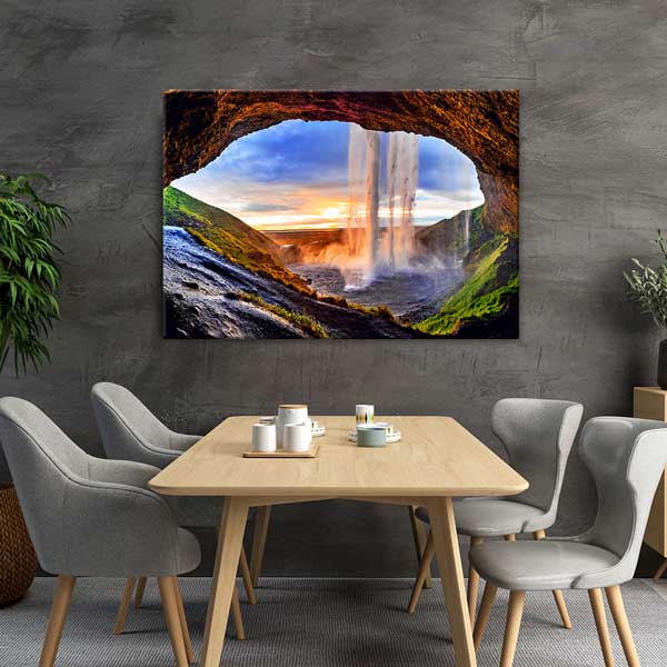 Mağara İçinden Şelale ve Gün Batımı Manzarası Kanvas Tablo 13471