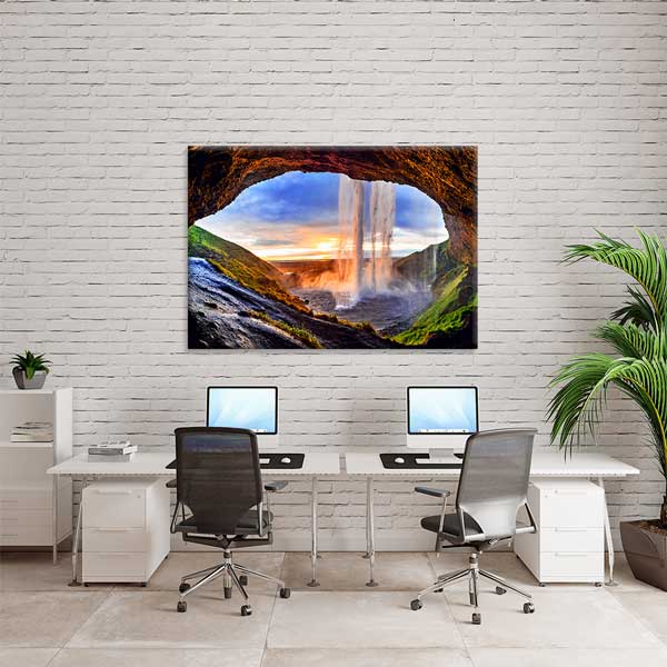 Mağara İçinden Şelale ve Gün Batımı Manzarası Kanvas Tablo 13471