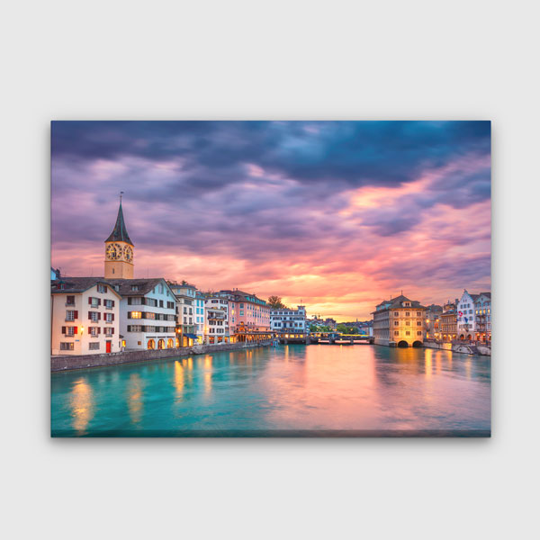Zürih Şehir ve Nehir Gün Batımı Manzarası Kanvas Tablo 13474