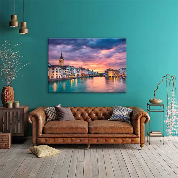 Zürih Şehir ve Nehir Gün Batımı Manzarası Kanvas Tablo 13474