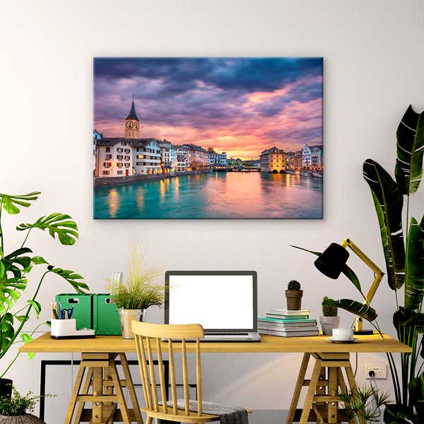 Zürih Şehir ve Nehir Gün Batımı Manzarası Kanvas Tablo 13474