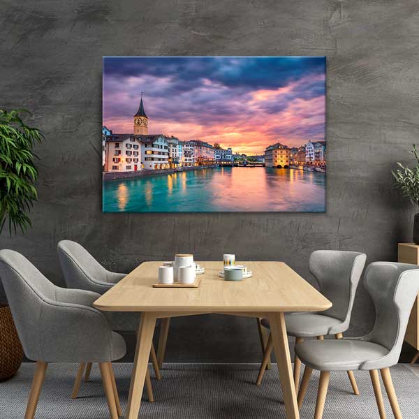 Zürih Şehir ve Nehir Gün Batımı Manzarası Kanvas Tablo 13474