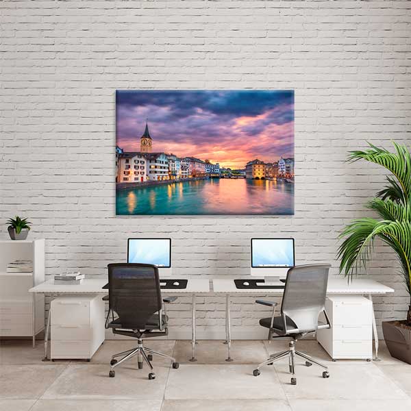 Zürih Şehir ve Nehir Gün Batımı Manzarası Kanvas Tablo 13474