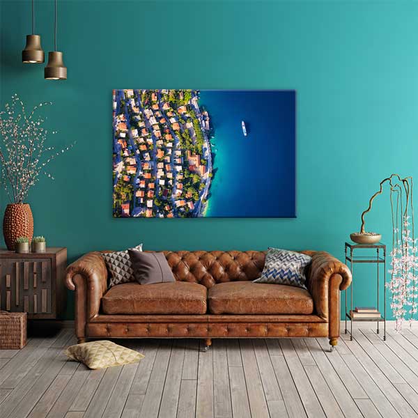 wall-design-art-13493-01 Havadan Kıyı Yerleşimi ve Mavi Deniz Manzarası Kanvas Tablo 13493