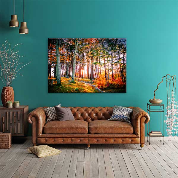 Gün Işığıyla Aydınlanan Sonbahar Ormanı Manzarası Kanvas Tablo 13615