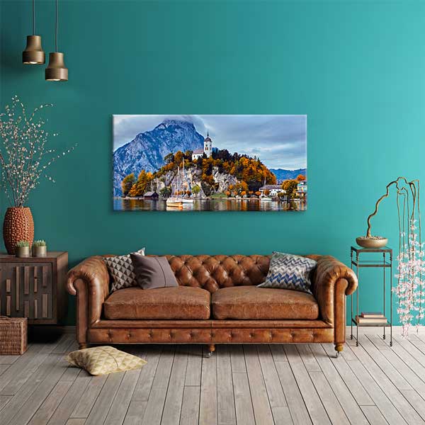 Traunsee Gölü Ada Şapeli ve Dağ Manzarası Kanvas Tablo – 13709
