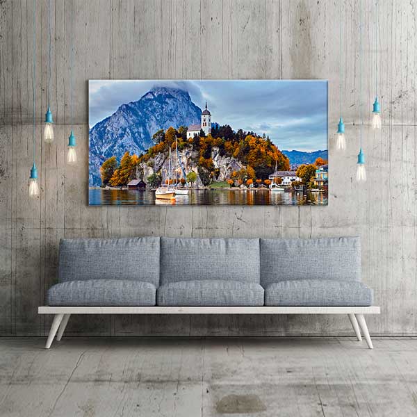Traunsee Gölü Ada Şapeli ve Dağ Manzarası Kanvas Tablo – 13709