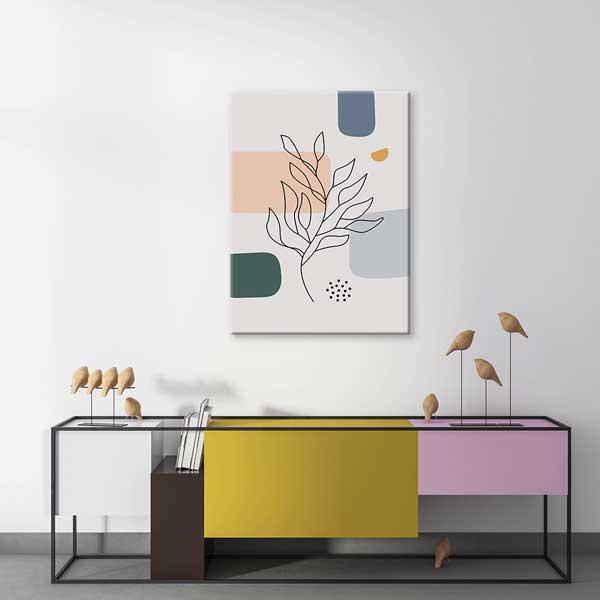 Geometrik Zeminli Çizgi Yaprak Minimal Duvar Tablosu 13956