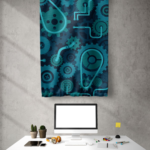 Mavi Dişli Mekanizma Tasarımlı Duvar Flaması 5510