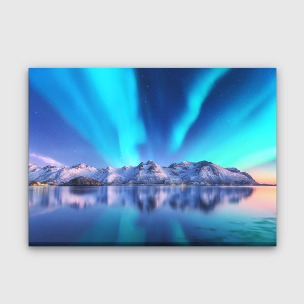 Kuzey Işıkları ve Karla Kaplı Dağlar Manzara Kanvas Tablo 13466