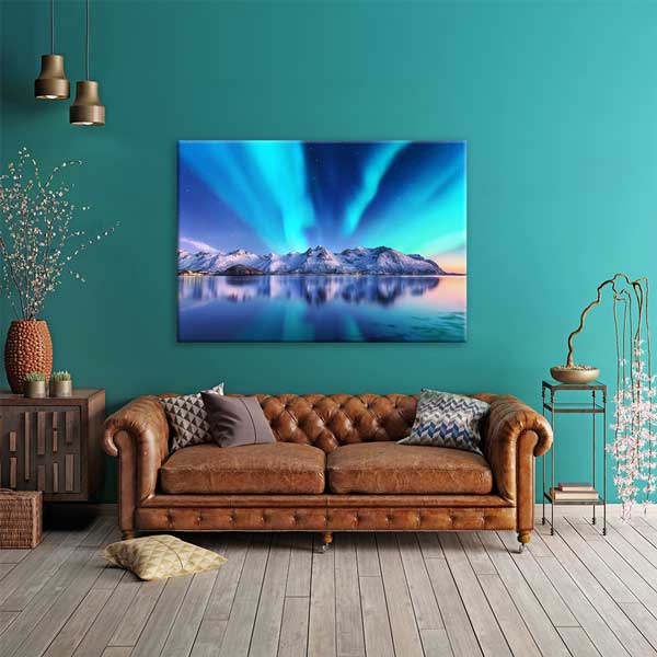 Kuzey Işıkları ve Karla Kaplı Dağlar Manzara Kanvas Tablo 13466