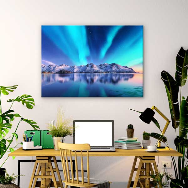 Kuzey Işıkları ve Karla Kaplı Dağlar Manzara Kanvas Tablo 13466