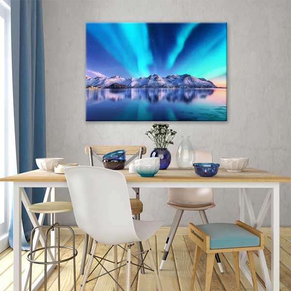 Kuzey Işıkları ve Karla Kaplı Dağlar Manzara Kanvas Tablo 13466