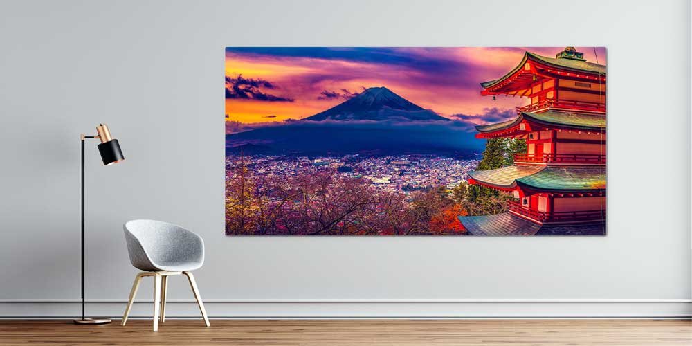 Fuji Dağı ve Japon Tapınağı Gün Batımı Duvar Dekoru 14092