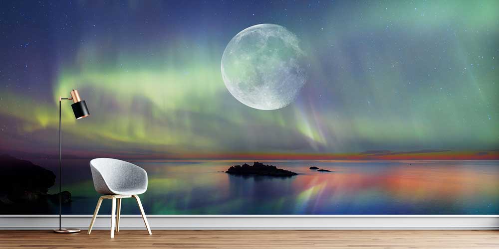 Dolunay ve Kuzey Işıkları Manzaralı Duvar Kağıdı 13135