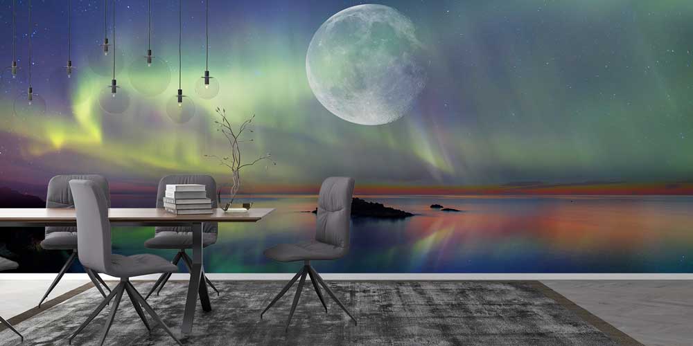 Dolunay ve Kuzey Işıkları Manzaralı Duvar Kağıdı 13135