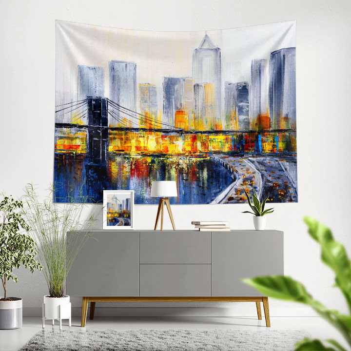 Köprü ve Şehir Silüeti Manzaralı Modern Duvar Örtüsü Kumaş Baskı 5604