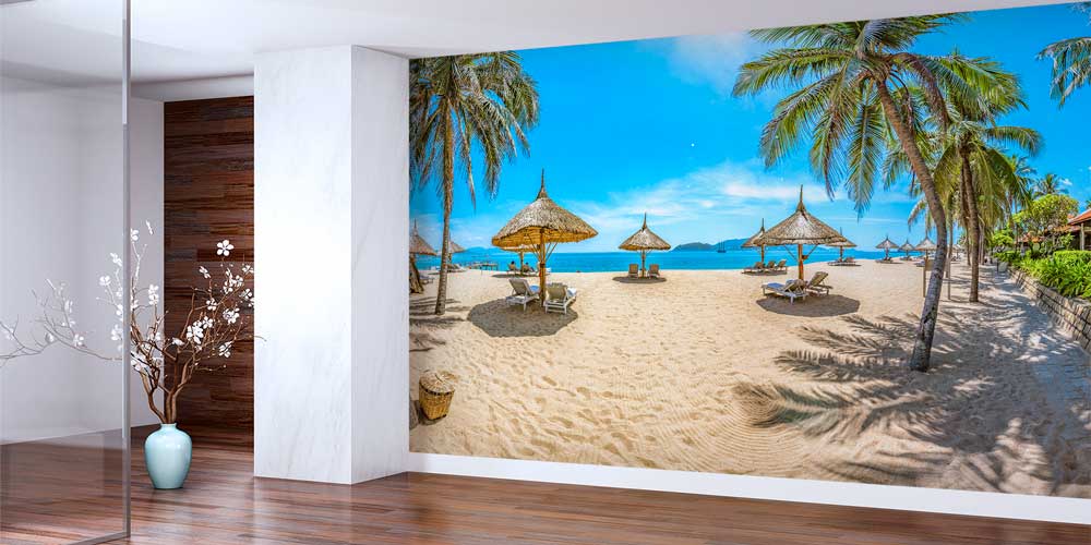 Tropikal Sahil Palmiye ve Şezlong Duvar Kağıdı 12846