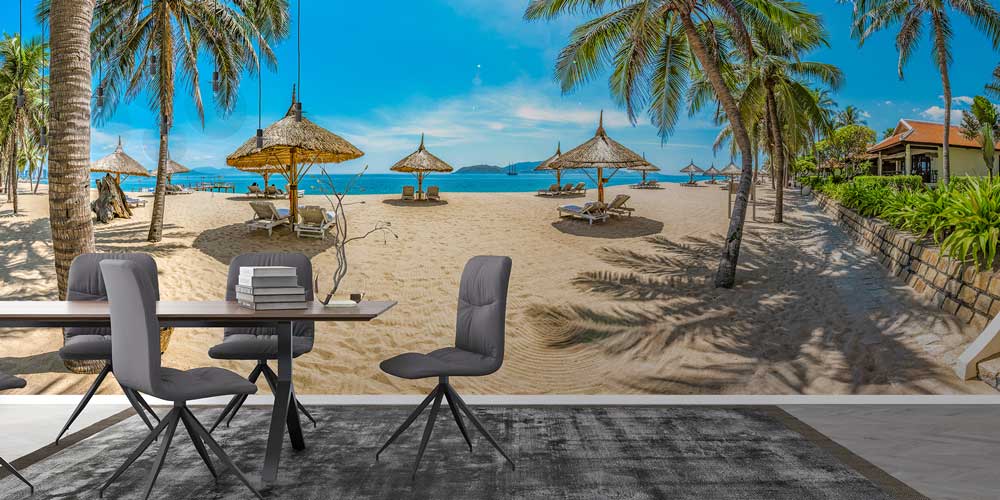 Tropikal Sahil Palmiye ve Şezlong Duvar Kağıdı 12846